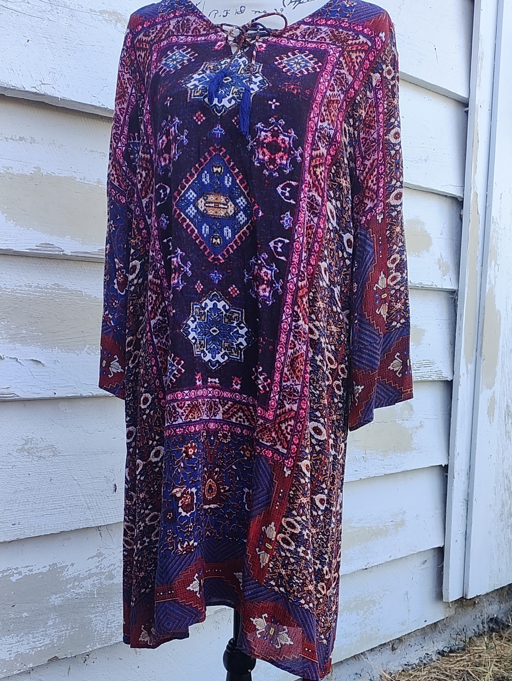 Coldwater Creek Multi-Print BohoMidi Tunic Dress, Lined, in Burgundy, Navy, Pink